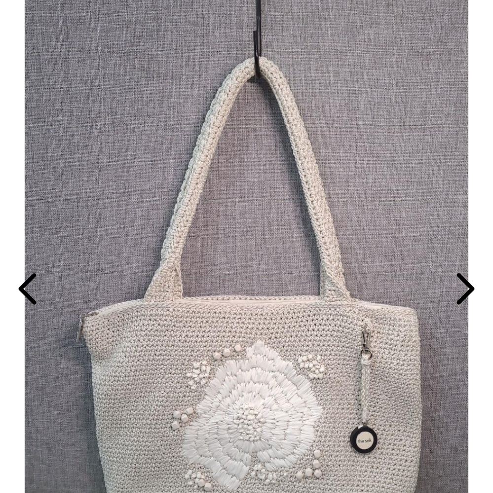 THE SAK Fifth Ave New York..Woven Cream Crochet Tote Bag with Floral Applique